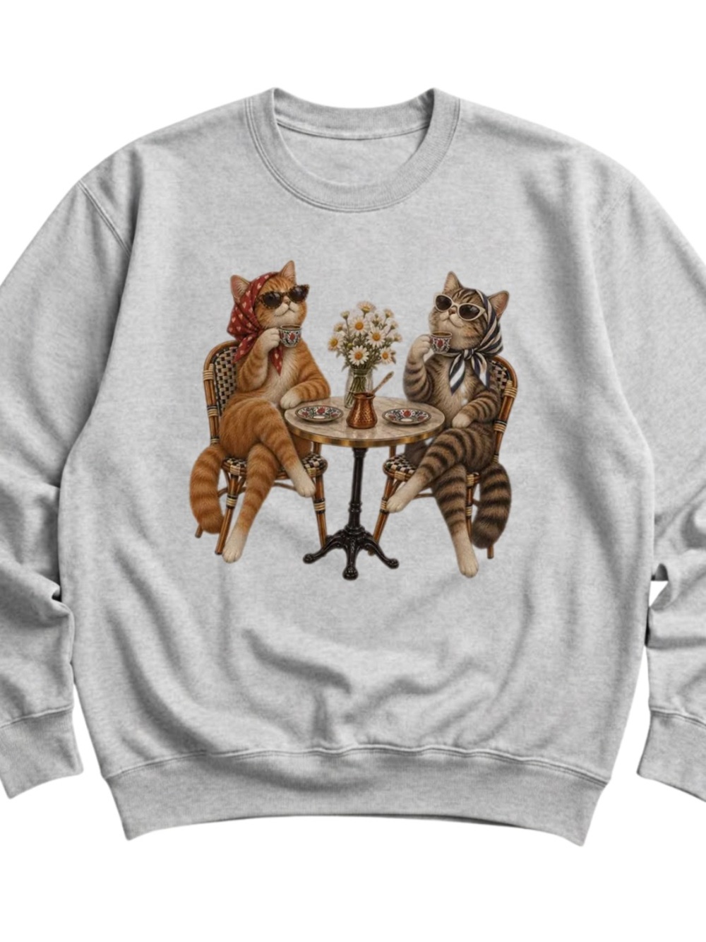 Cat Café Crewneck Sweatshirt - AshGrey with Retro Cat Design